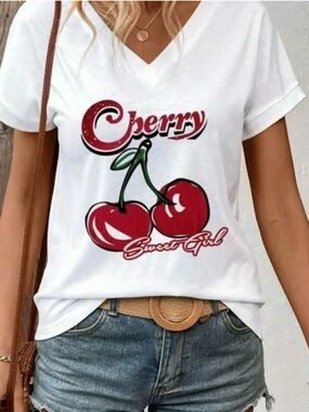 NEW Sweet Girl Cherry Graphic V-Neck Tee, Size Small